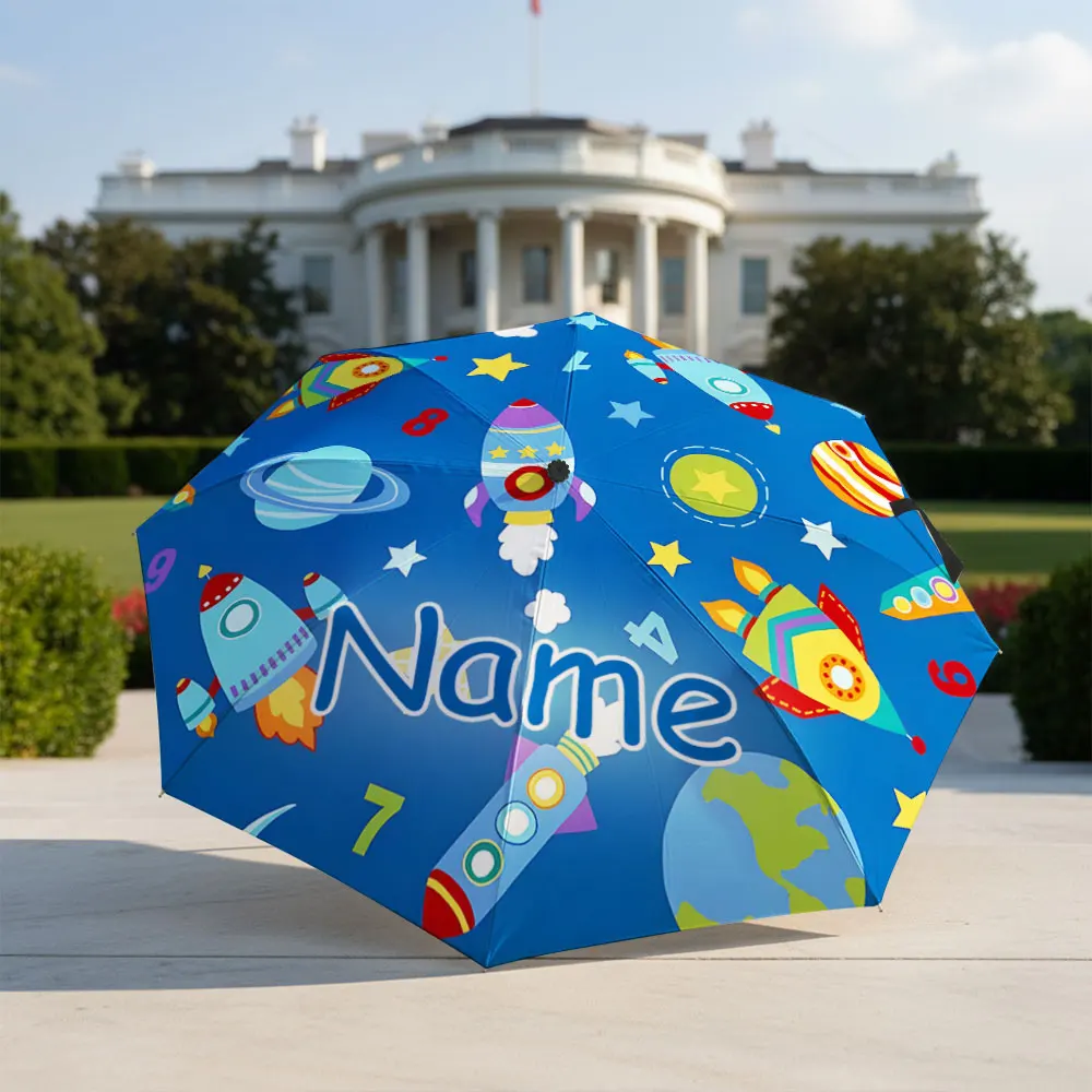 Custom Name umbrella,Colorful Rocket and Planet Space Adventure Design Fashion Folding Umbrella for Sunny and Rainy Days,Gift