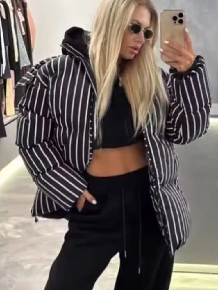 

Женская модная куртка с длинными рукавами, разноцветная, свободного кроя, с капюшоном, воротником-стойкой, полосатым декором, хлопковая, повседневная, зимняя.