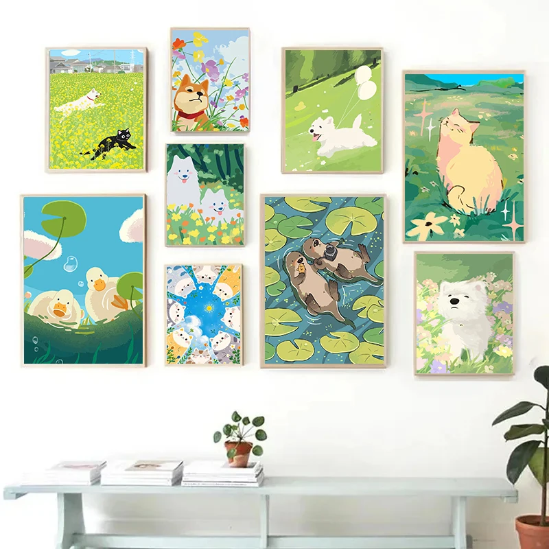 Happy Animals in Flowers Meadow Poster Ducks Dogs Cat Prints Canvas Painting Wall Art Picture for Nursery Home Kids Room Decor