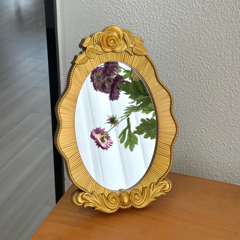 European Gold Rose Vanity Mirror, French Carved Plastic Frame Makeup Mirror for Bedroom Dressing Table, Home Decor Photo Prop