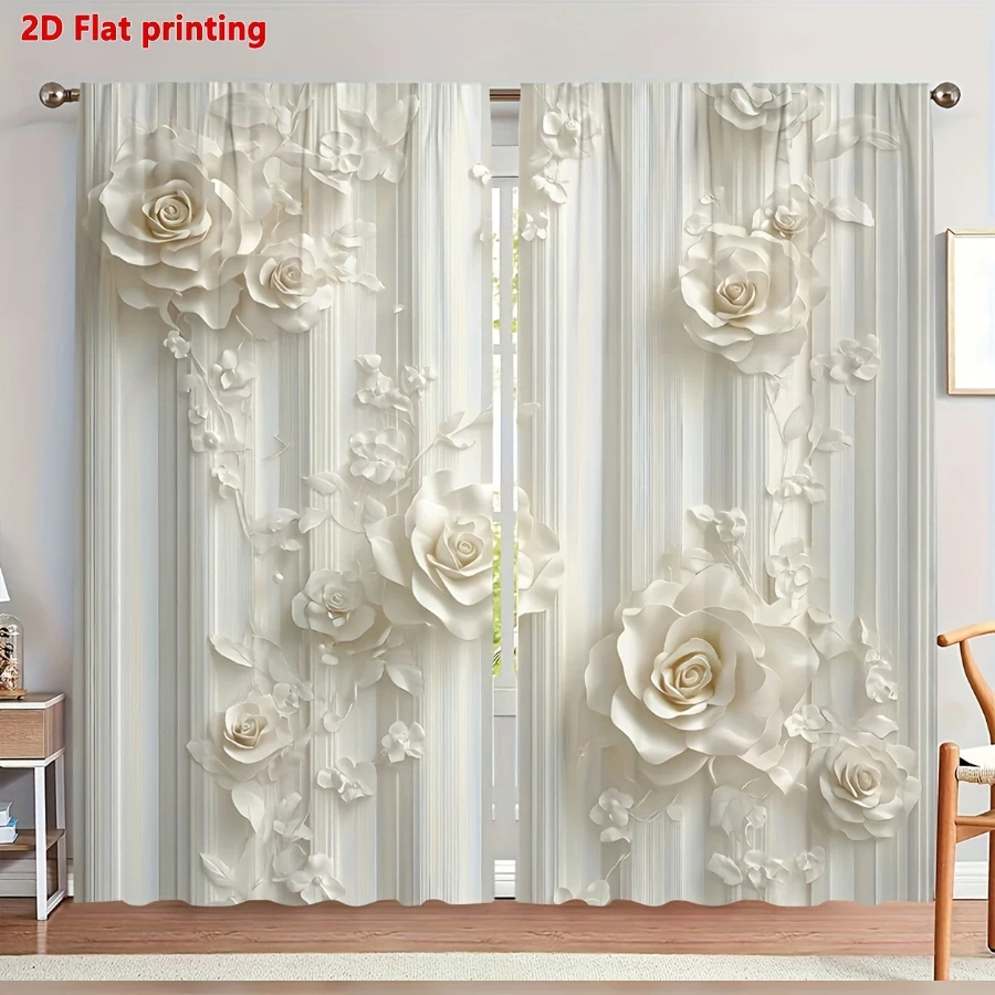 2PCS Digital Printed Curtains, Palace White Rose Damask Baroque Luxury, Modern Home Decor Style for Living Room Bedroom Decor