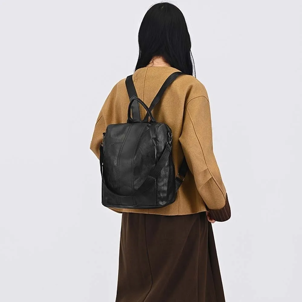 

Elegant Soft PU Backpack Korean Style Multi Pocket Large Capacity School Bag Solid Color Multi-purpose