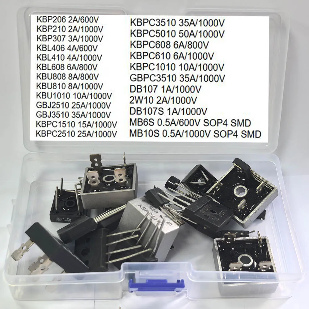 24PCS 24Values 600-1000V 0.5-50A Diode Bridge Rectifier Kit Pack Set KBPC5010 KBU2510 MB10F MB10 25A 2W10 KBJ3510 GBJ3510