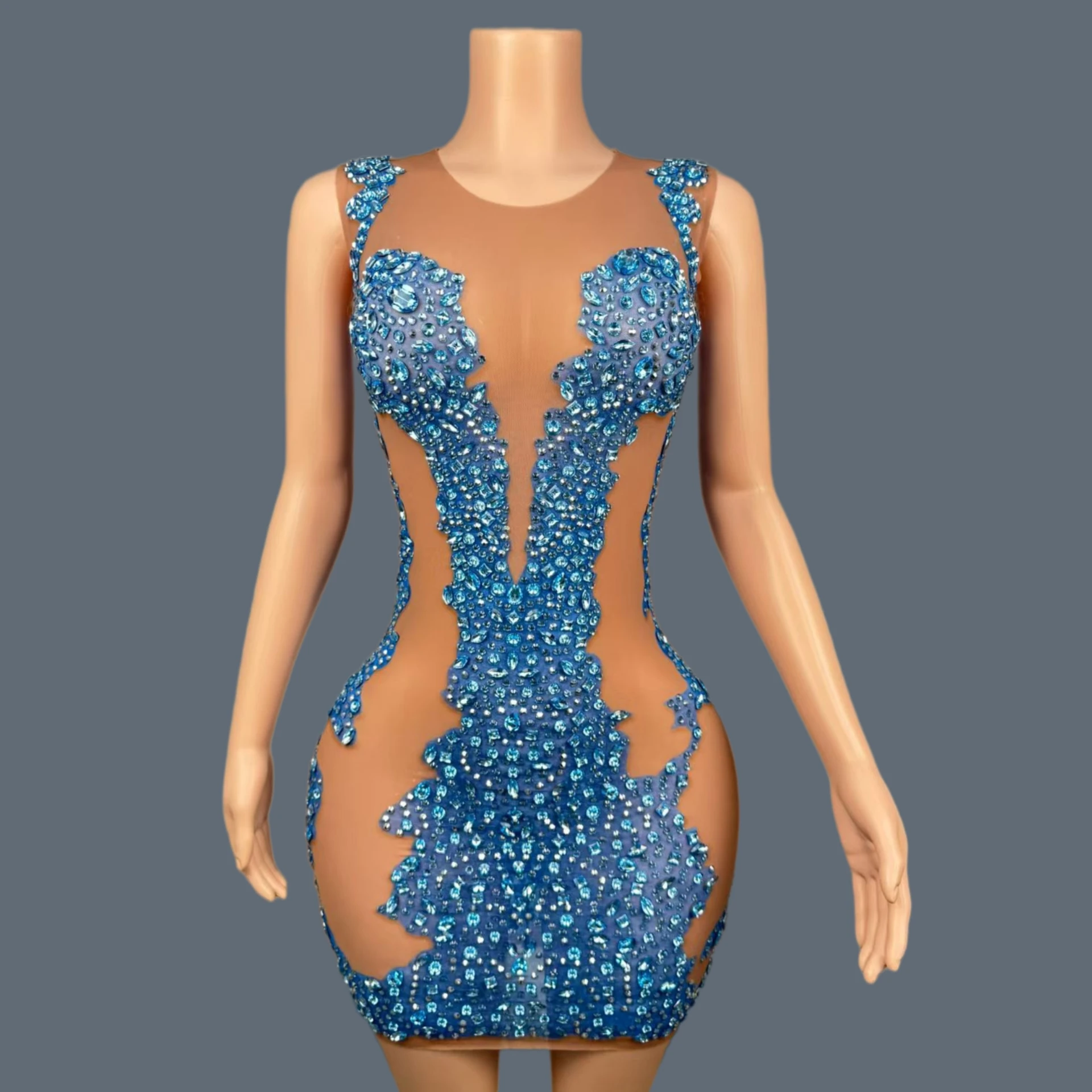 

Sexy Party Outfit Sparkly Blue Pink Crystals Brown Mesh Mini Dress Sleeveless Cocktail Dress Birthday Photo Shoot Wear Shiliu