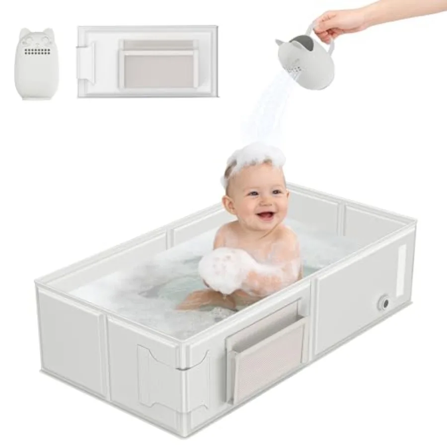 

Portable Foldable Baby Bathtub with Cat-Patterned Rinse Cup for 6M-5Y Compact Bath Tub for Small Bathroom Travel Essentials for
