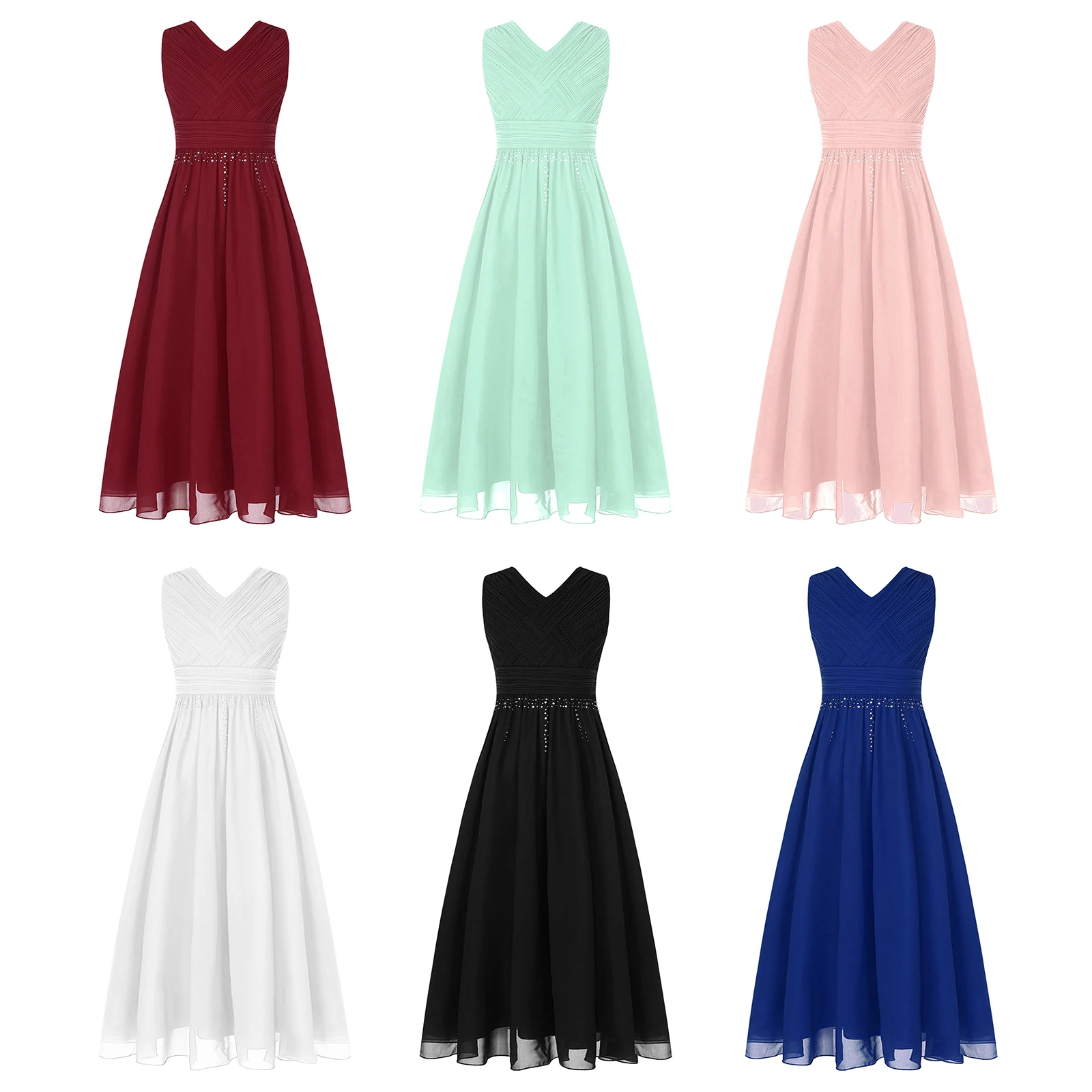 Kids Girls Evening Party Gown Wedding Bridesmaid Sleeveless Ruched Chiffon Long Dress Flower Girls Cocktail Graduation Ball Prom