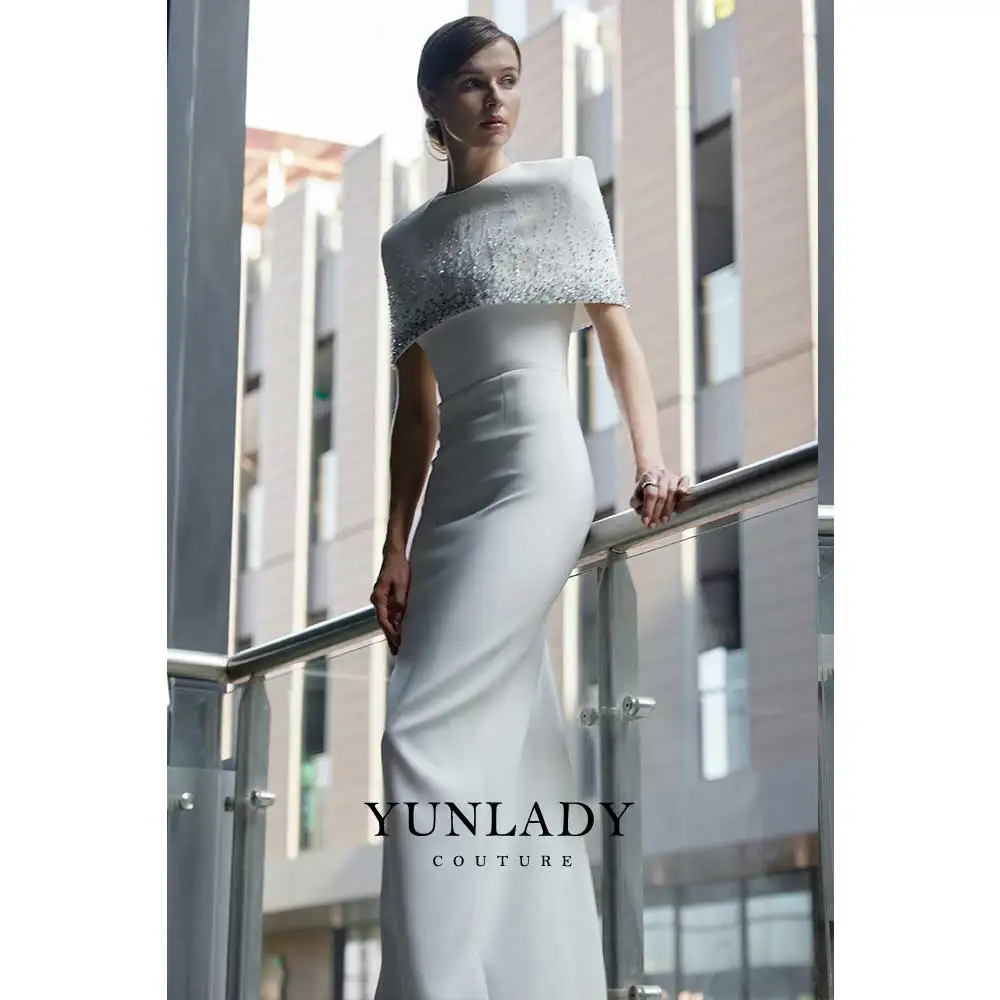 YUNLAN Modern Luxury Dubai Rhinestone White Wedding Bride Evening Dress 2024 Dinner Cape Dress High-end Ball Party Dress