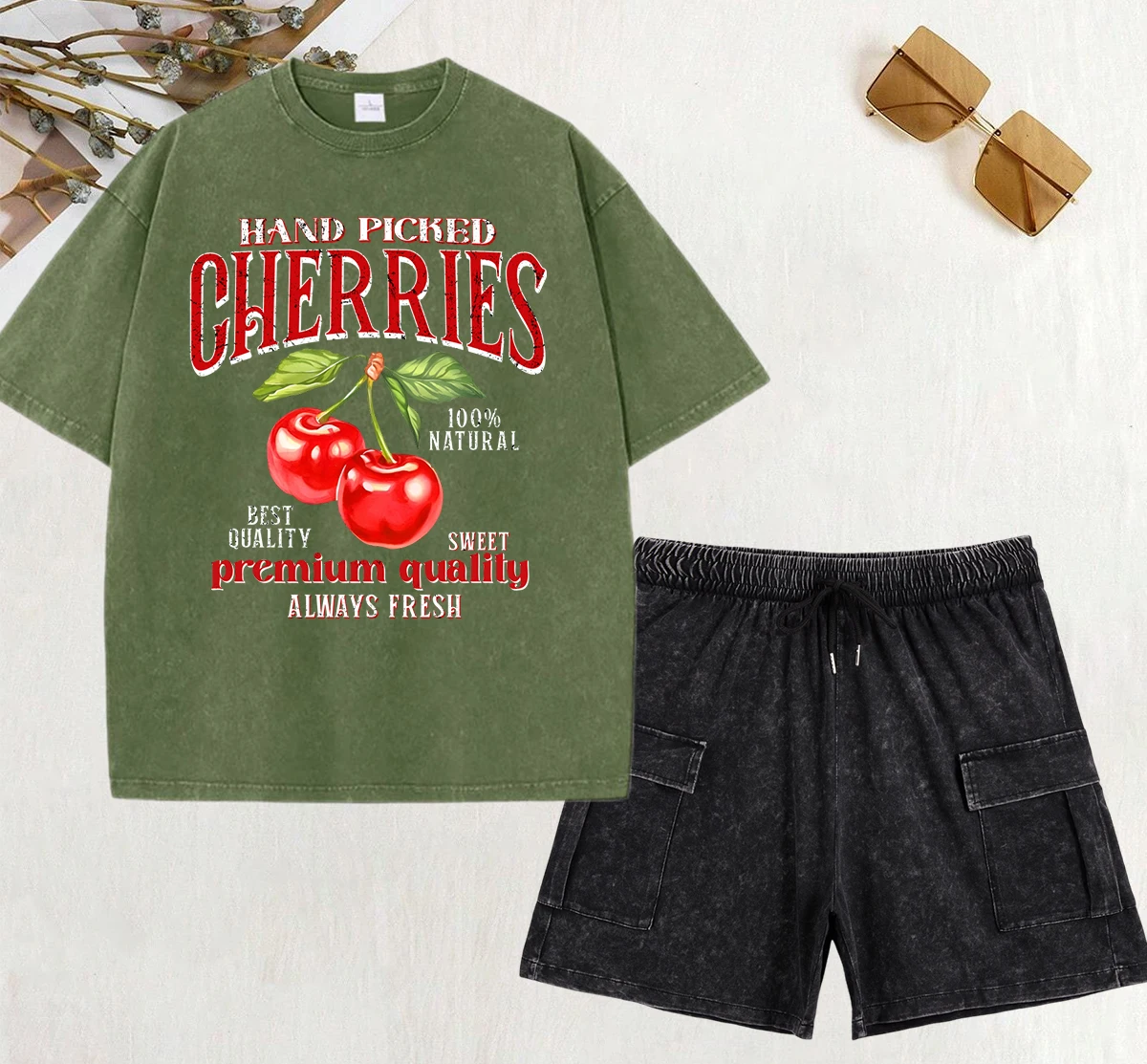 

Hand Picked Cherries Prints Washed T Shirt Set Women Summer Sport Short Pants Summer Cotton Clothing Fashion Loose 2 Pcs Sets