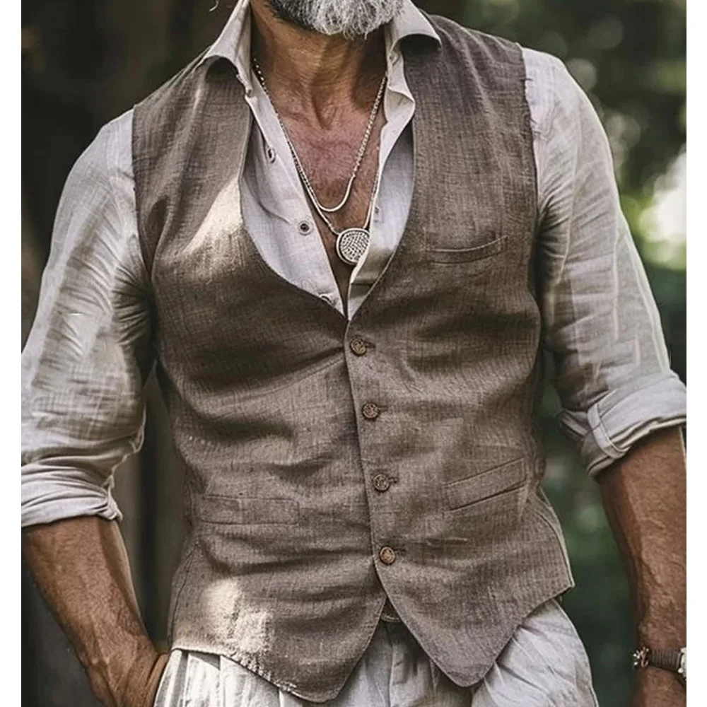 

Men's Classic Vest Man Solid Color Linen Fabric Business Casual V-Neck Lightweight Single-Breasted Elegant Suit Sleeveless Suits