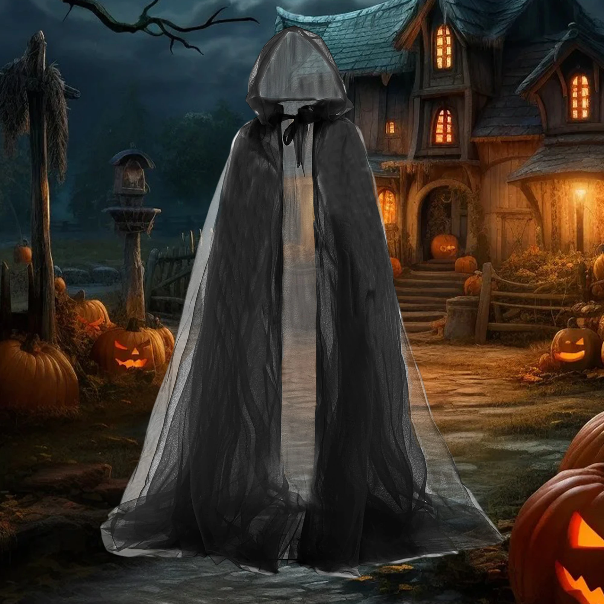 Geheimnisvoller Sensenmann-Umhang für Kinder, schwarz-weißes Halloween-Kostüm, Kapuzenrobe für Jungen und Mädchen