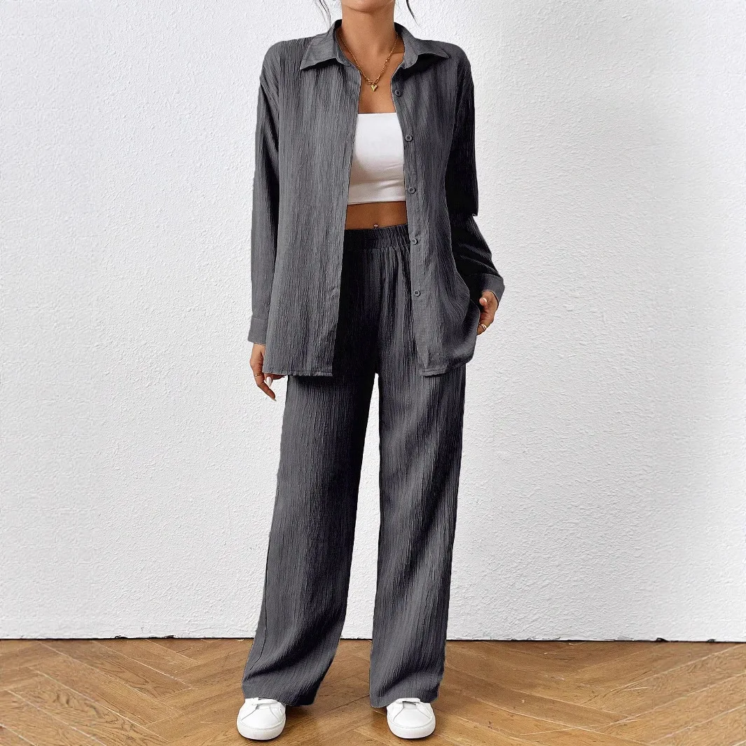 Womens Fall Clothes 2025 Solid Color Lapel Button Long-sleeved Shirt + Elastic Waist Wide-leg Trousers Loose 2 Piece Set Outfit