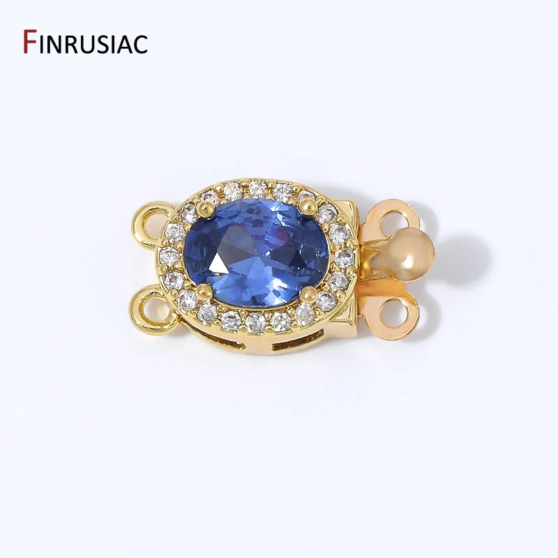 18K Gold Plated Brass Oval Blue CZ Box Clasp, 2 Holes Zircon Insert Clasps for DIY Double Strand Pearl Jewelry Making Findings