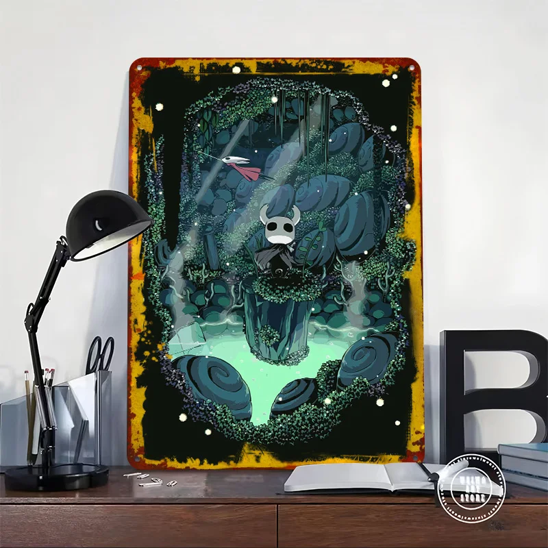 Hollow Knight Scene With Hornet Printed Poster Customized Retro Wall Art Vintage Metal Tin Signs for Home Coffee Bar Accessories