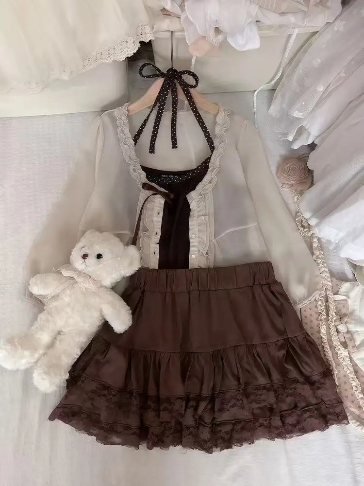 Vintage Hapanese Style Sets Women Polka Dot Neck Strap Lace Cake Dress Button Up Cardigan Sweet Three-piece Set Summer 2026 New view 2