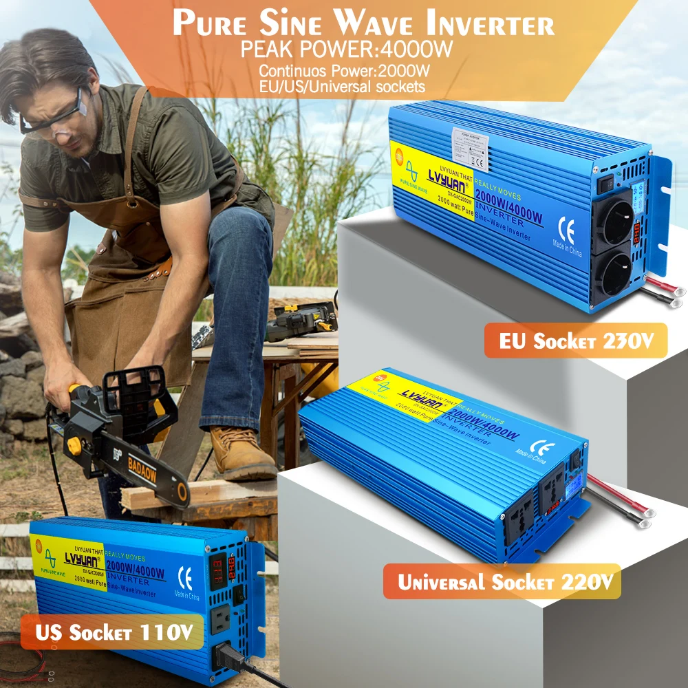 LVYUAN-Inversores de Onda Senoidal Pura com Display LED, Inversores de Pico, Inversor de Viagem, DC24V a AC220V, 4000W a 8000W