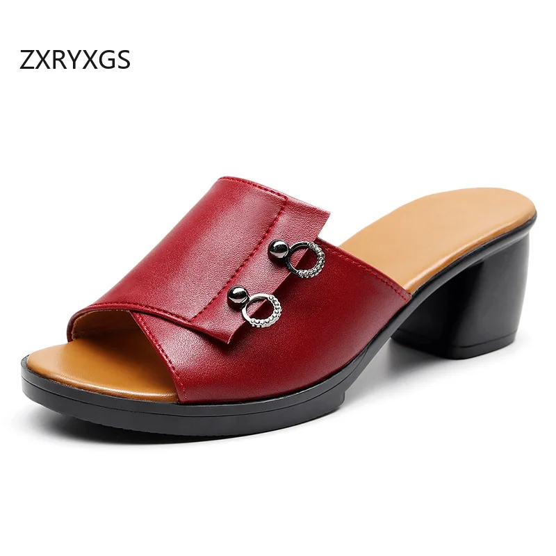 

ZXRYXGS 2025 Summer Open Toe Genuine Leather Wearing Outside Slippers Large Size Mid Heel Slippers Women Sandals Fashion Shoes