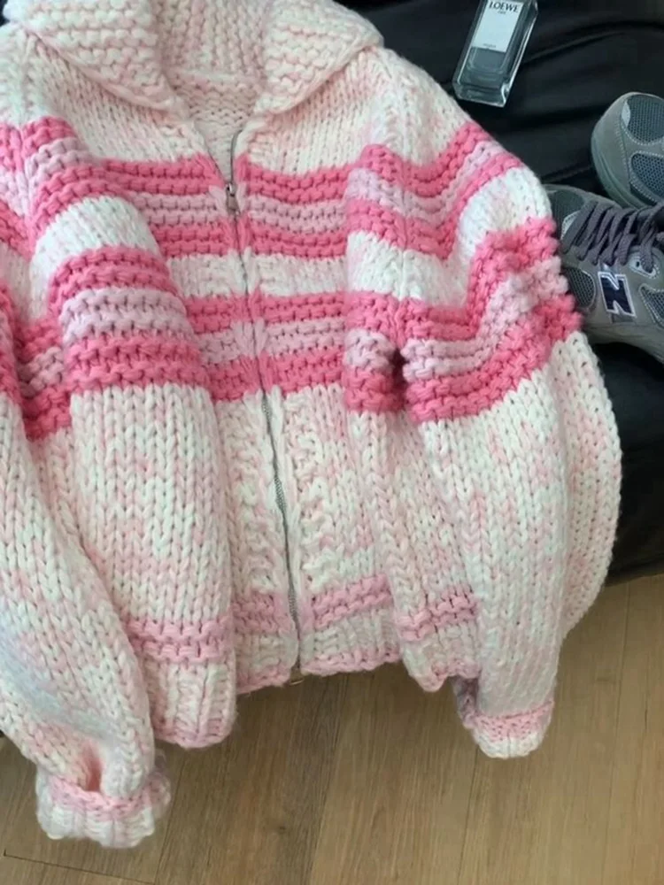 Paresseux vent femmes doux mignon Cardigan chandails Vintage rayé à manches longues lâche tricoté veste automne hiver doux chaud femmes hauts