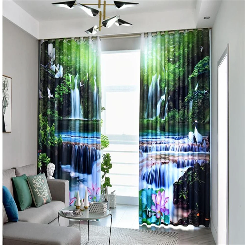 Photo green landscape waterfall curtains 3D Curtains for Living Room Bedding Room Hotel Drapes Cortinas