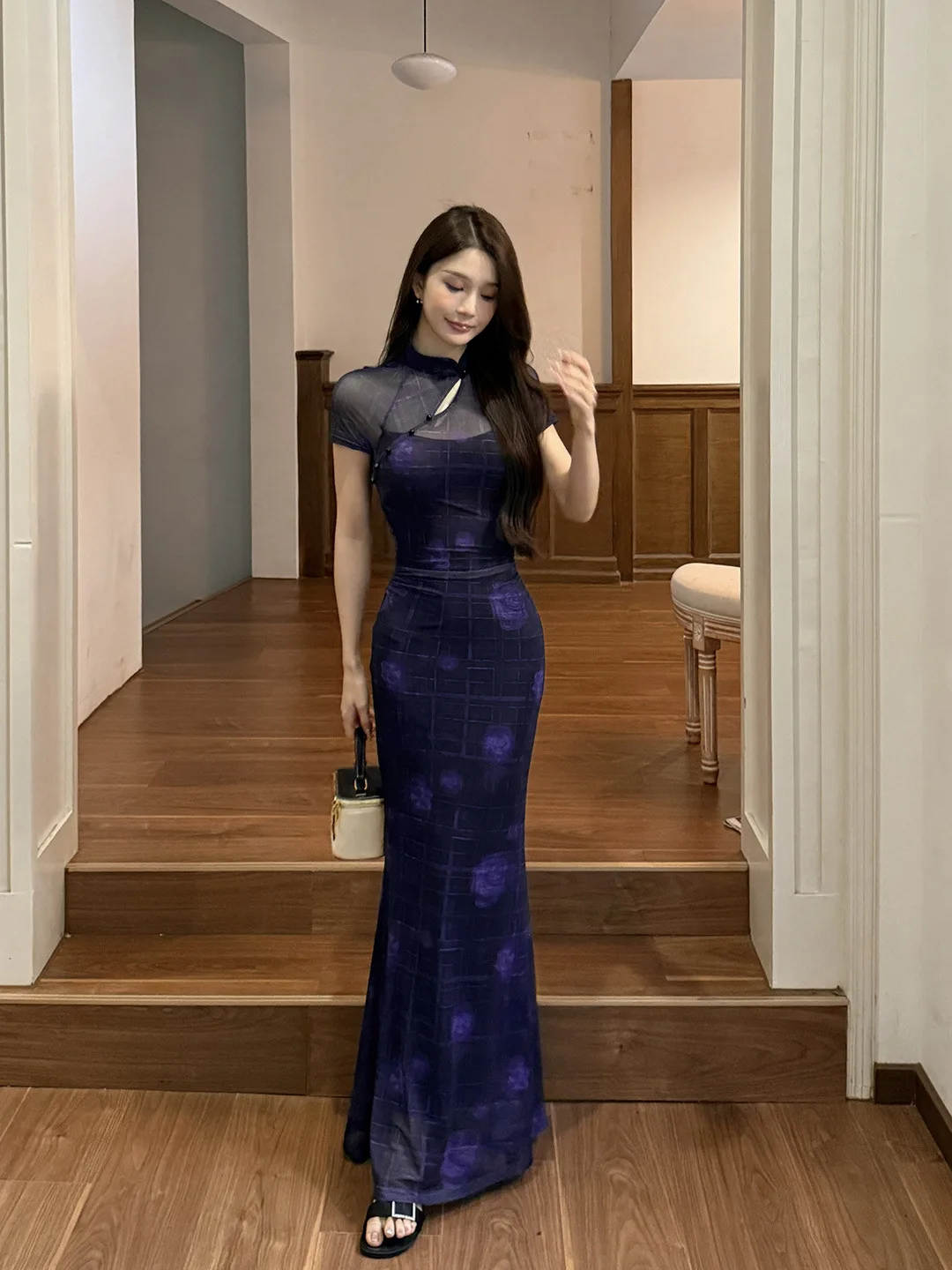 Retro Neo-Cinese Y2K Plaid Scava-out Viola Midi Elegante Sottile Sheer Vestito Aderente Abito da Sera delle Donne Del Partito Parm Vestido Robe