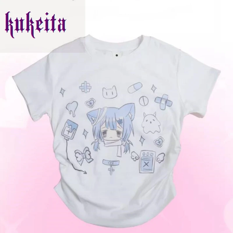 Kukeita Y2k Girls Japanese Kawaii Crop Top Tee Fairy Grunge Lolita Style T-shirt Harajuku Cute Cartoon Print Short Sleeve Tops