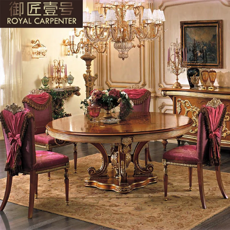 

European restaurant furniture size household solid wood carved table luxury villa 1.5 meters round table chair