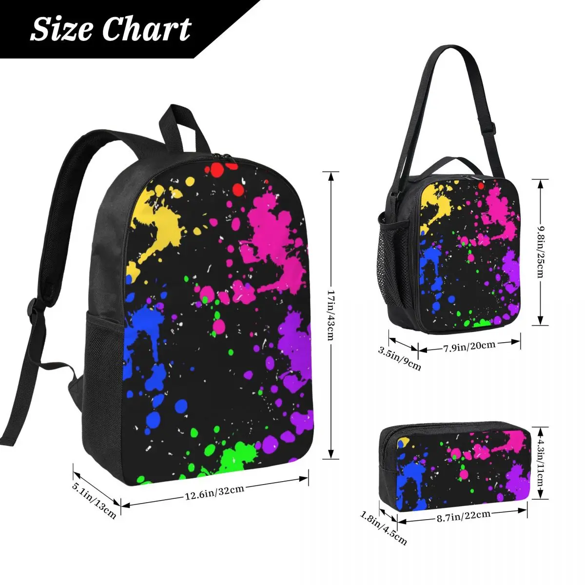 Colorful Graffiti Splatter Print Backpack Boys Girls BookBag School Bag Laptop Shoulder Bags 3ps Insulated Lunch Bag Pencil Case
