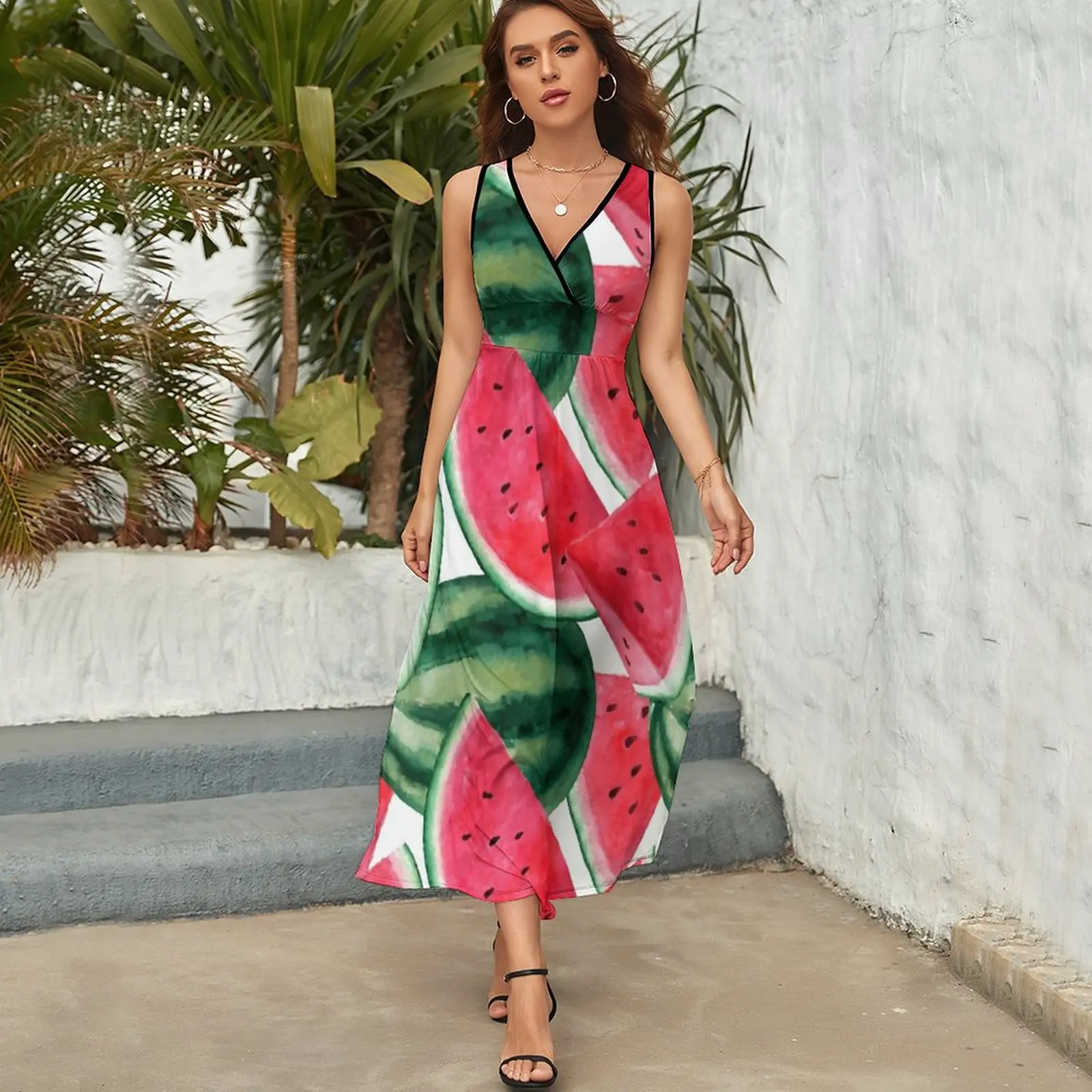 Juicy watermelon. Watercolor Tropical Fruit Sleeveless Dress party dresses woman Female clothing