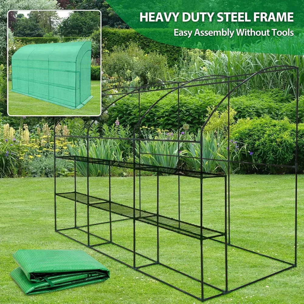 Outdoor Greenhouse with Metal Rack with 2 Roll-Up Zipper Doors, 120