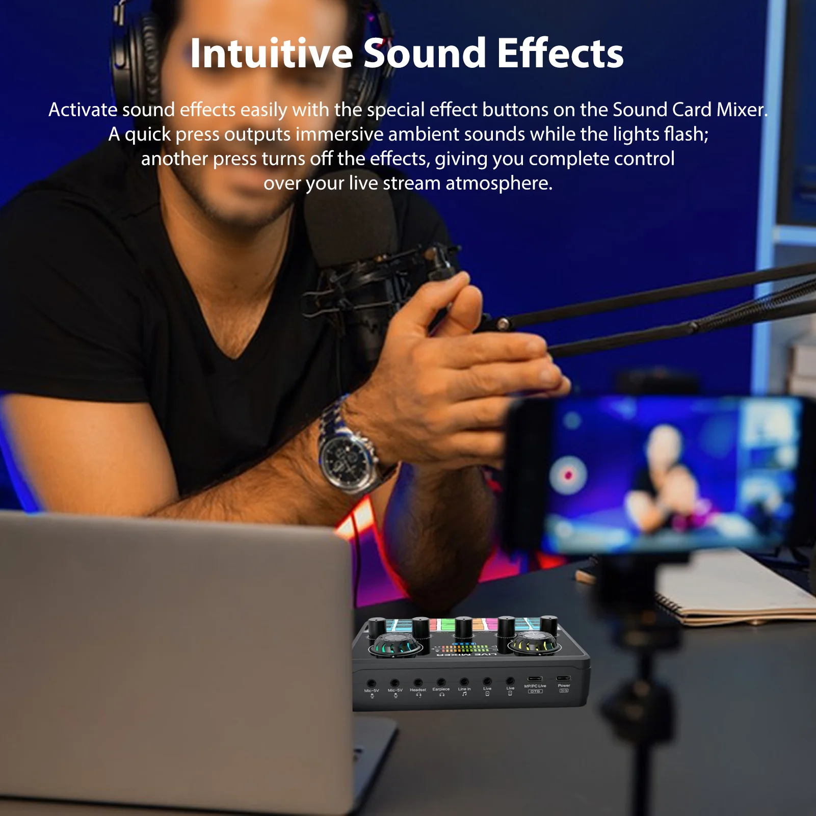 Live Streaming Sound Mixer Sound Card Rechargeable Plug and Play Adjustable Bass Treble Noise Reduction Colorful Indicator Light