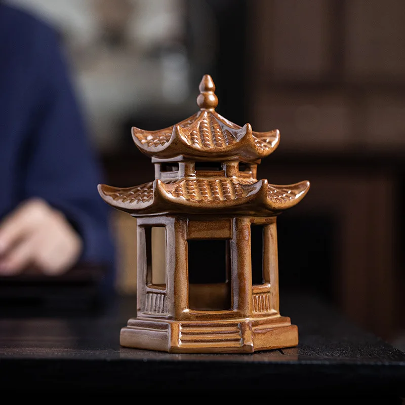 Micro Landscape Ceramic Pavilion, Hexagonal Pavilion Decoration, Fish Tank, Gardening Flower Pot, Desktop Creative Chinese Style