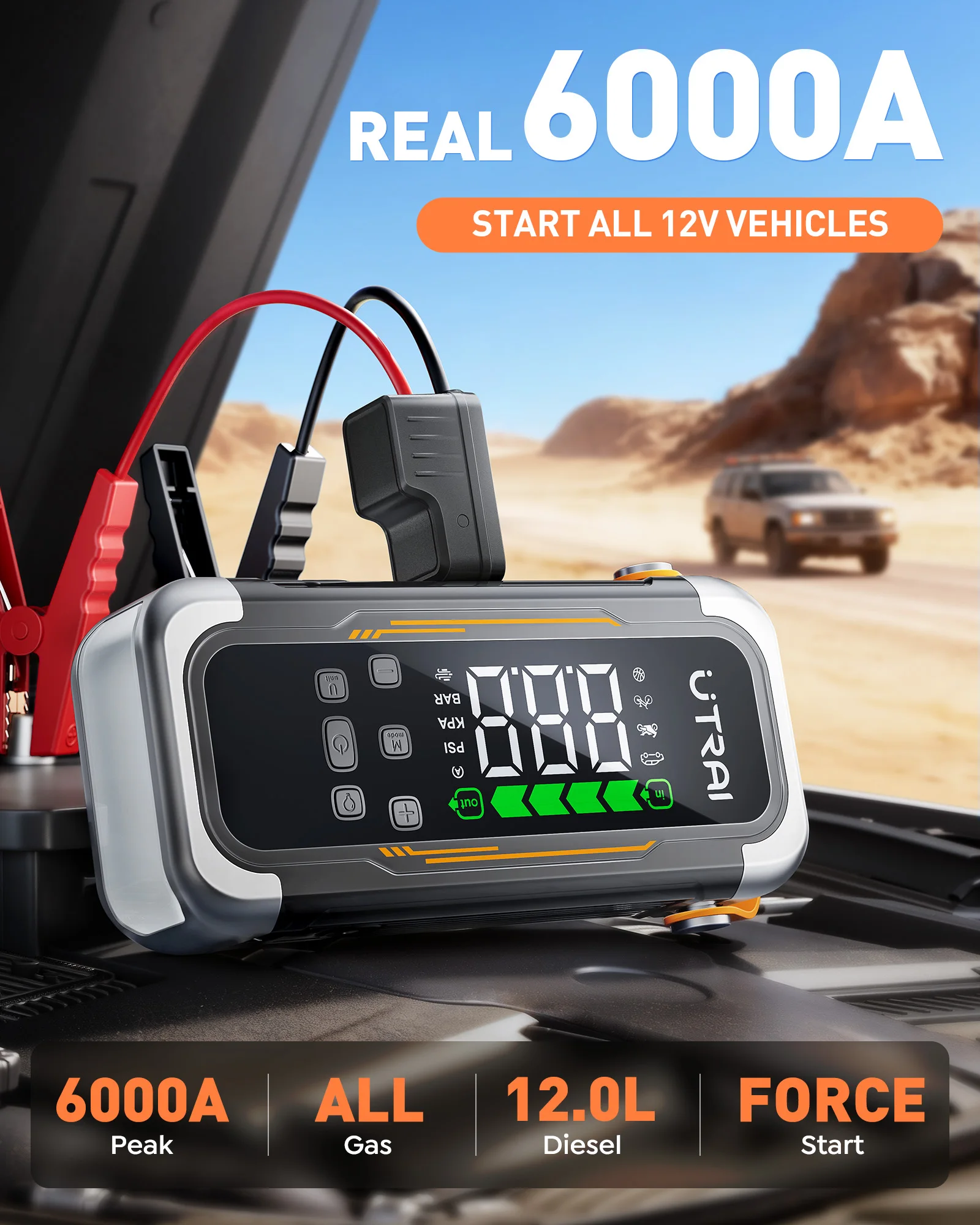 UTRAI 5 in 1 6000A Car Jump Starter 150PSI Air Pump High-Speed Airflow Dual Mode Blower PD30W Power Bank Car Battery Booster