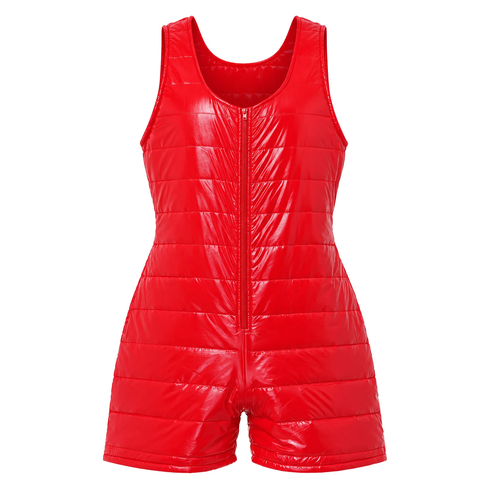 Mens Shiny Quilted Padded Short Jumpsuit Sleeveless Front Zip Padded Water-resistant Romper Nightclub Performance Boxing Costume view 4