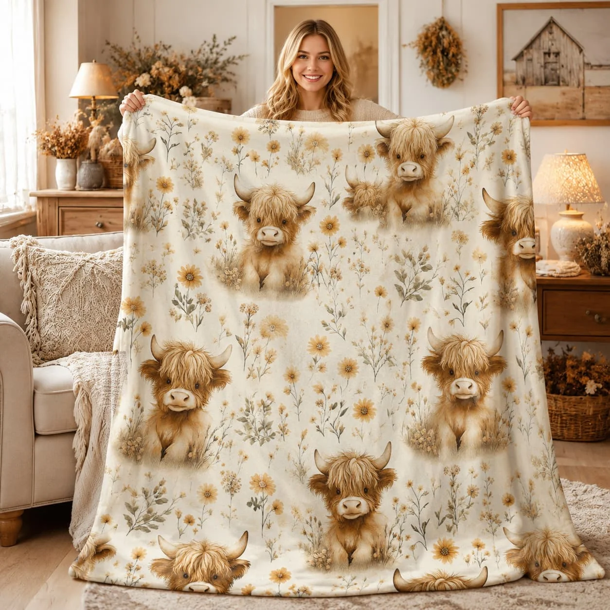 1pc, Vintage Highland Cow And Sunflower Print Soft Fleece Blanket, Single-Sided Print, Soft And Comfortable, All-Season Use, Perfect for Sofa, Bed, Office Nap And Travel, Camping