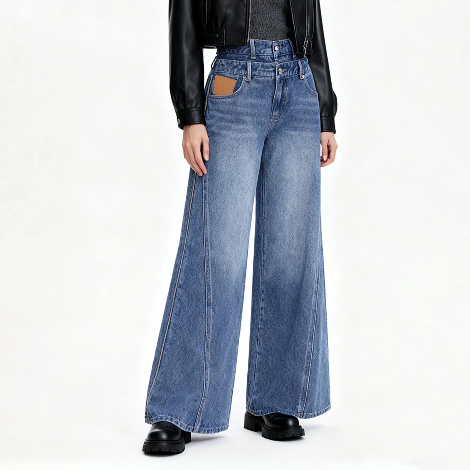 بنطال جينز نسائي أساسي مع جيوب بتصميم أنيق بخصر مزدوج كاجوال عالي الارتفاع وواسع الساق من قماش الدنيم #4