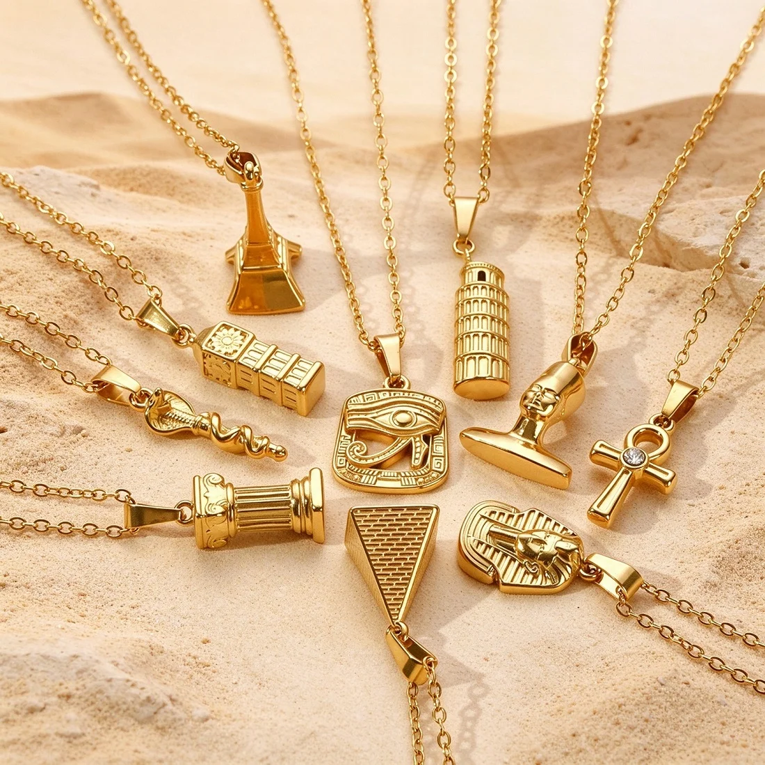 1pc 316 Stainless Steel Pendant Necklace 3D Famous Building Rhinestone Cross Charm Choker Jewelry Accessories 10 Options Choice