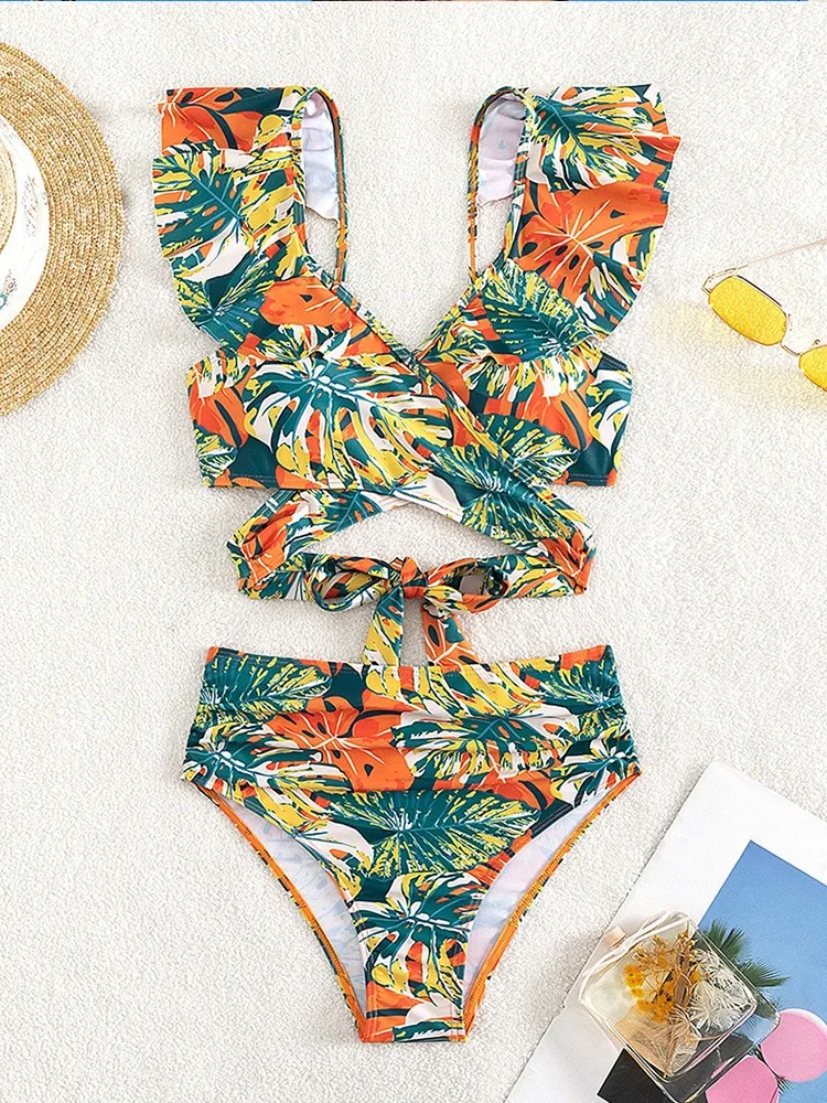 Conjunto de biquíni de cintura alta estampado feminino, roupa de banho push up, maiô de praia, maiô feminino de férias, natação, verão, novo, 2024