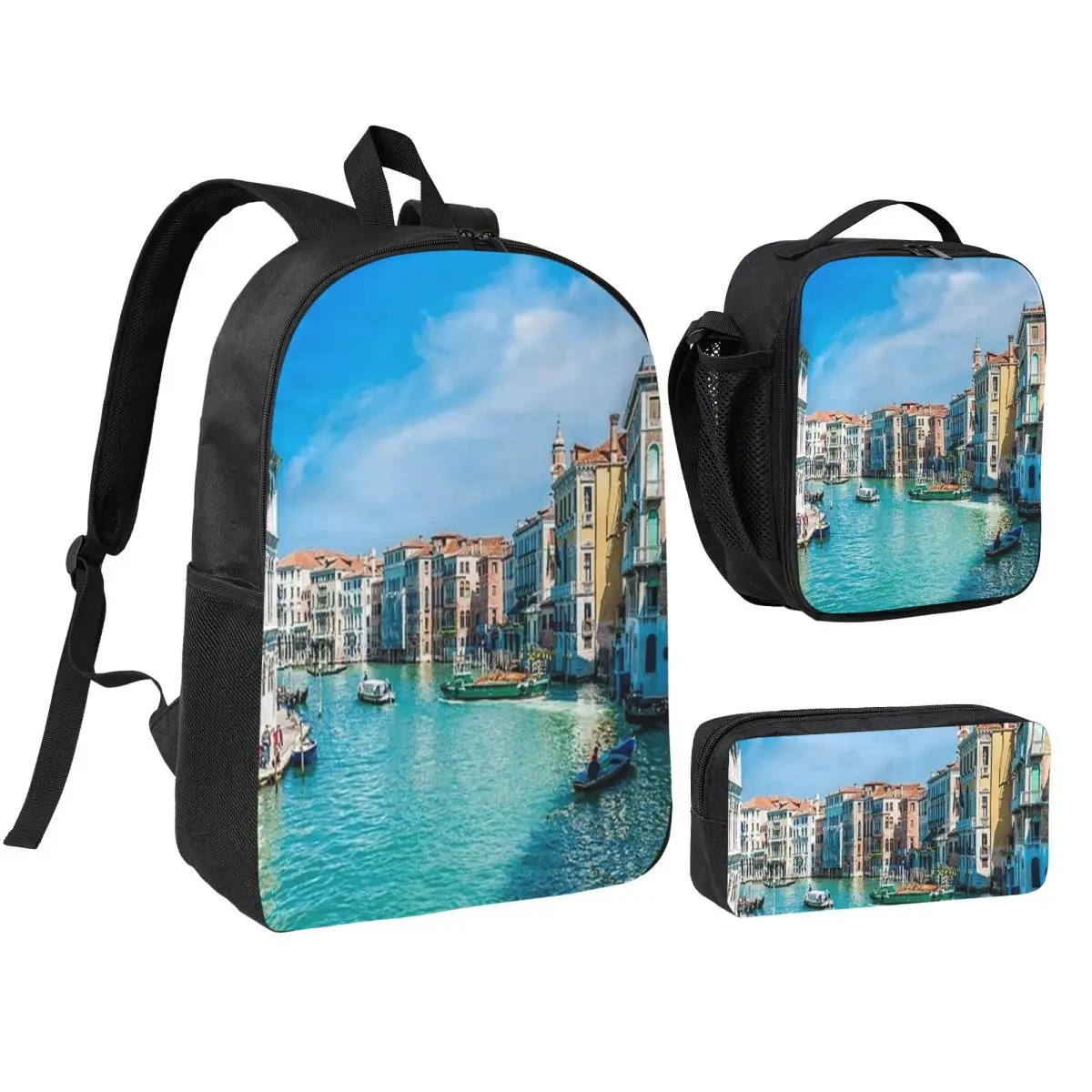 Venice Canal Italy Landscape Backpack Student BookBag School Bag Shoulder Bags 3ps Insulated Lunch Bag Pencil Case