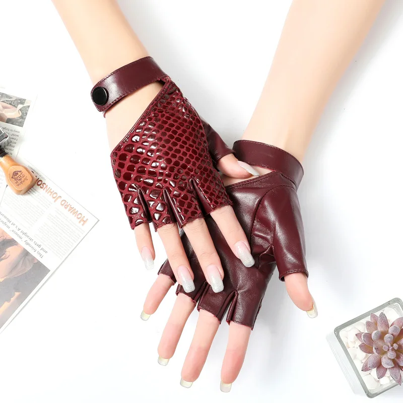 Real Leather Semi-Finger Gloves Female Fashion Snakeskin Printed Touchscreen Driving Half Finger Women Sheepskin Gloves YSW0064