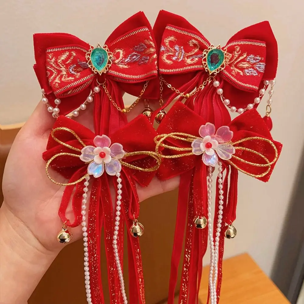 Ancient Style Children's New Year Hairpin Red Wig Braid New Year Bow Hairpins Ribbon Tassels Plush Ball Girls Hanfu Headwear