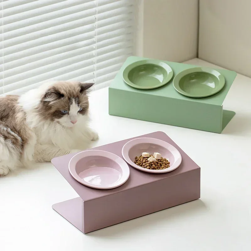 Cat Double Ceramic Bowl with Iron Stand Pet Elevated Raised Food Water Bowls Small Dogs Drinking Eating Feeding Supplies