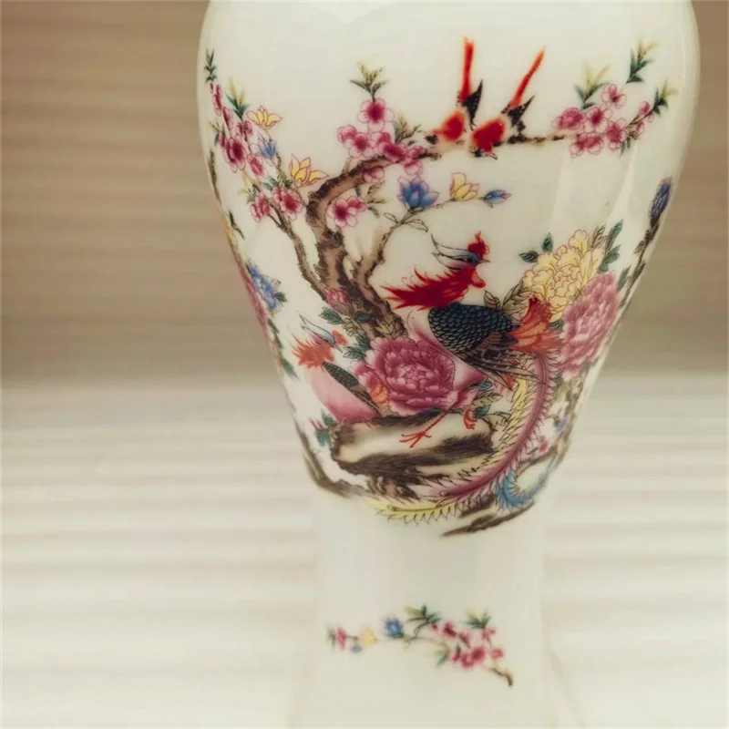 China Old Porcelain collection Vase with pastel Peach Blossom Phoenix Pattern Traditional Decorative  Artwork for Home