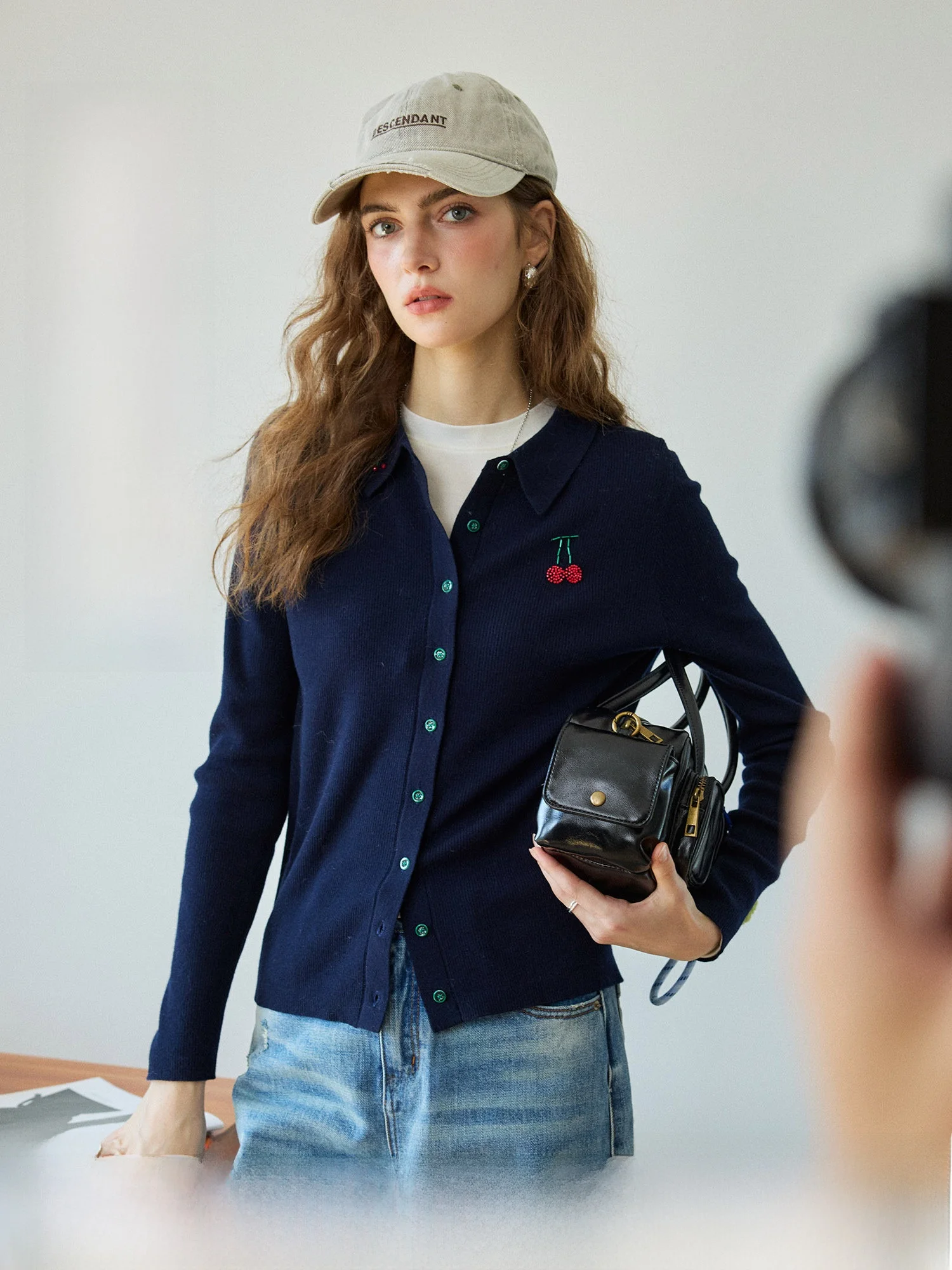 

NAGUAGU Pumpkin Valley Knitted Fine Woolen Cherry Pattern Button up Long Sve Warm Casual Sle Women's Sweater Coat