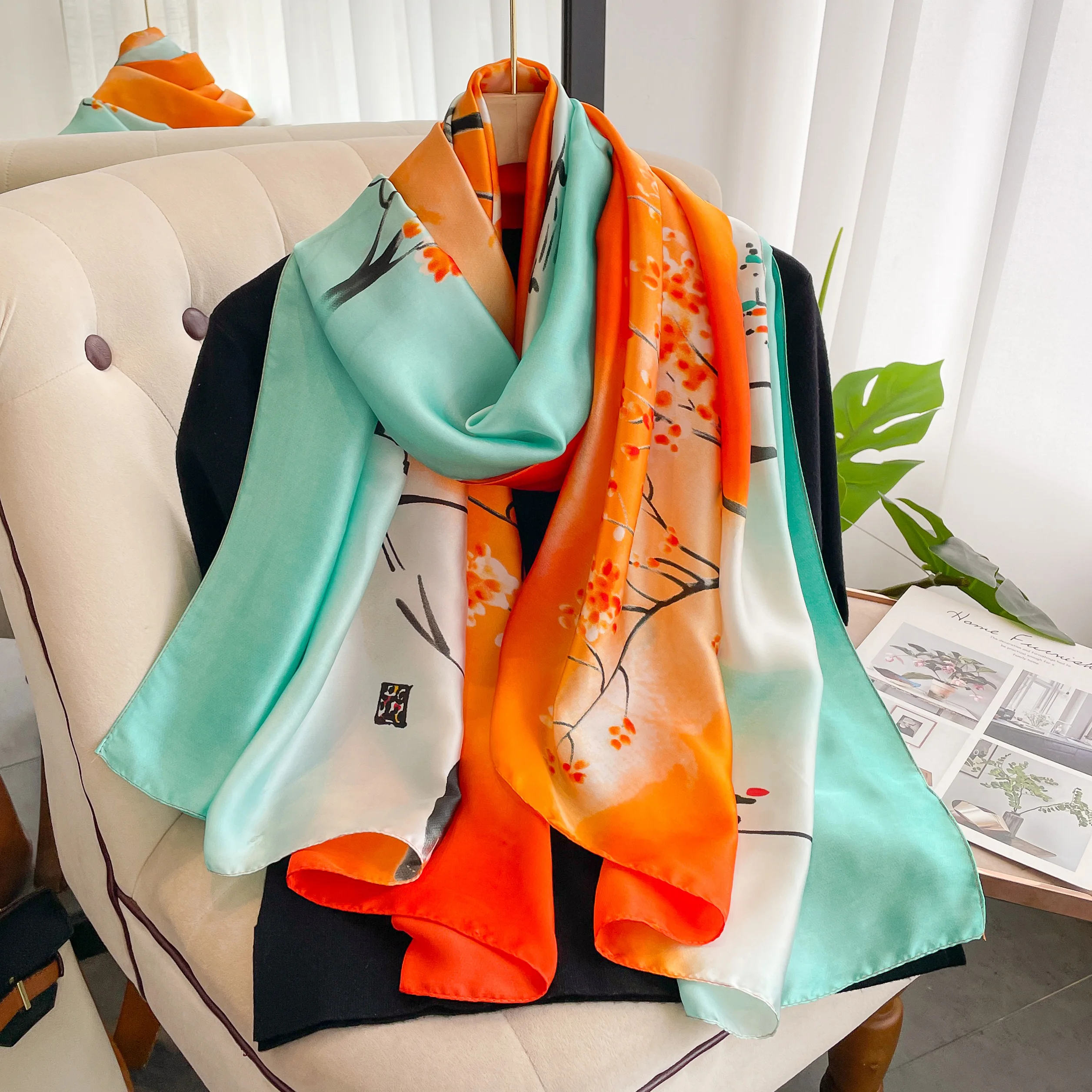 New Simulated Silk Printed Scarf for Women's Autumn and Winter Warmth Scarf Fashionable and Fashionable Foreign Style Shawl