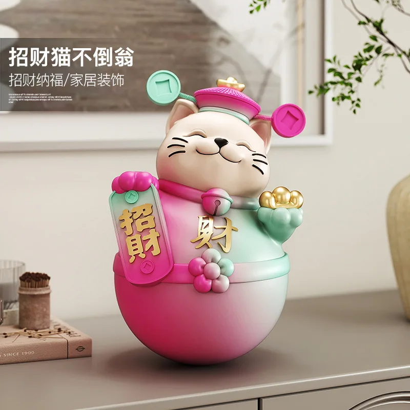 Stress Relief Lucky Cat Tumbler Ornament, Maneki Neko Bobblehead Decor for Office, TV Stand & Living Room
