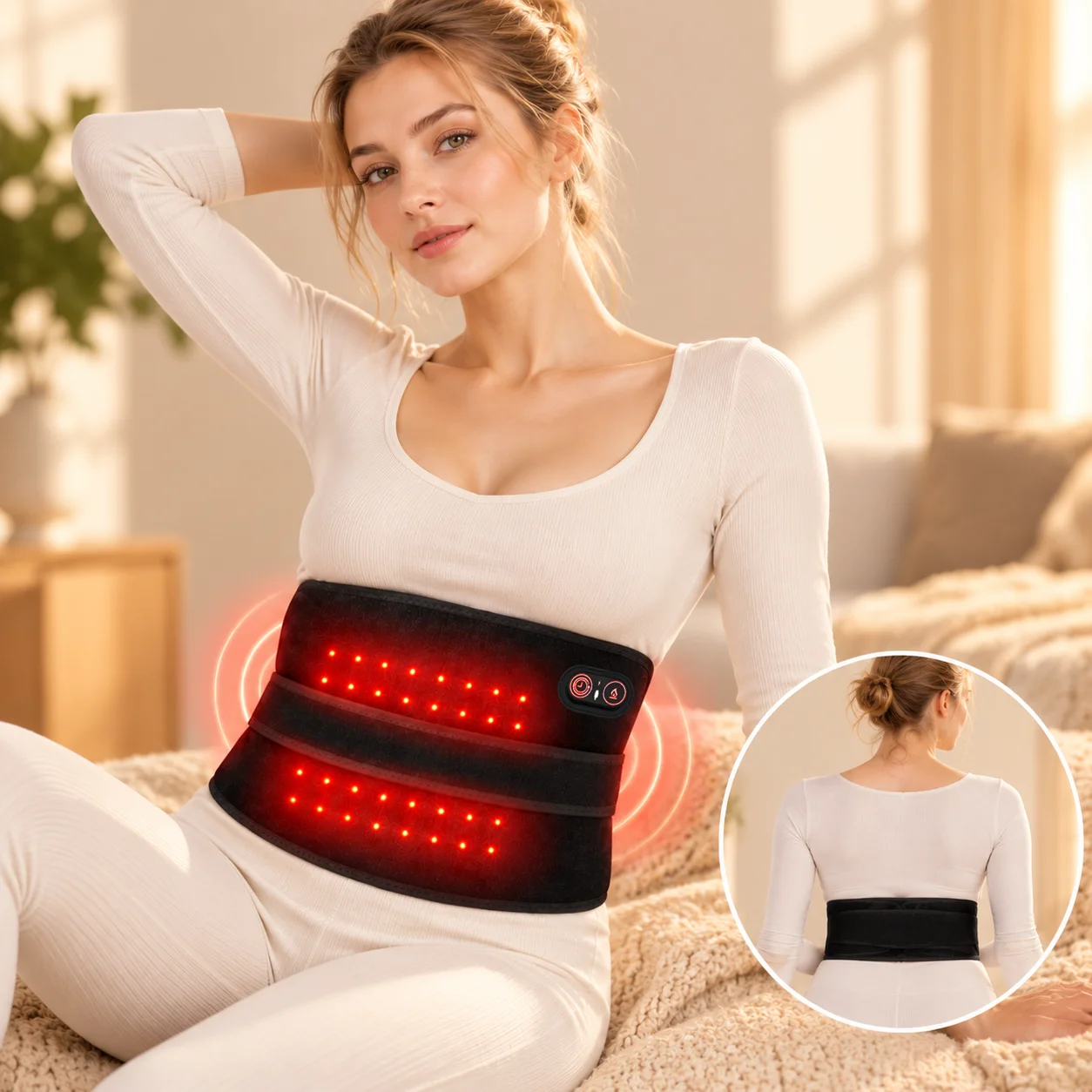 Red Light Heating Belt Lower Back Heating Pad 3 Heat Levels 3 Timer Settings Adjustable Soft Waist Wrap Abdominal Warm Compress