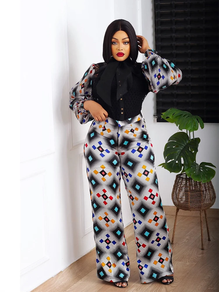 

Women Two Piece Tracksuit Set Fashion Long Sleeve Black Lace Blouses High Waist Pants 2 Piece Sets Female Loose Tops Outfits