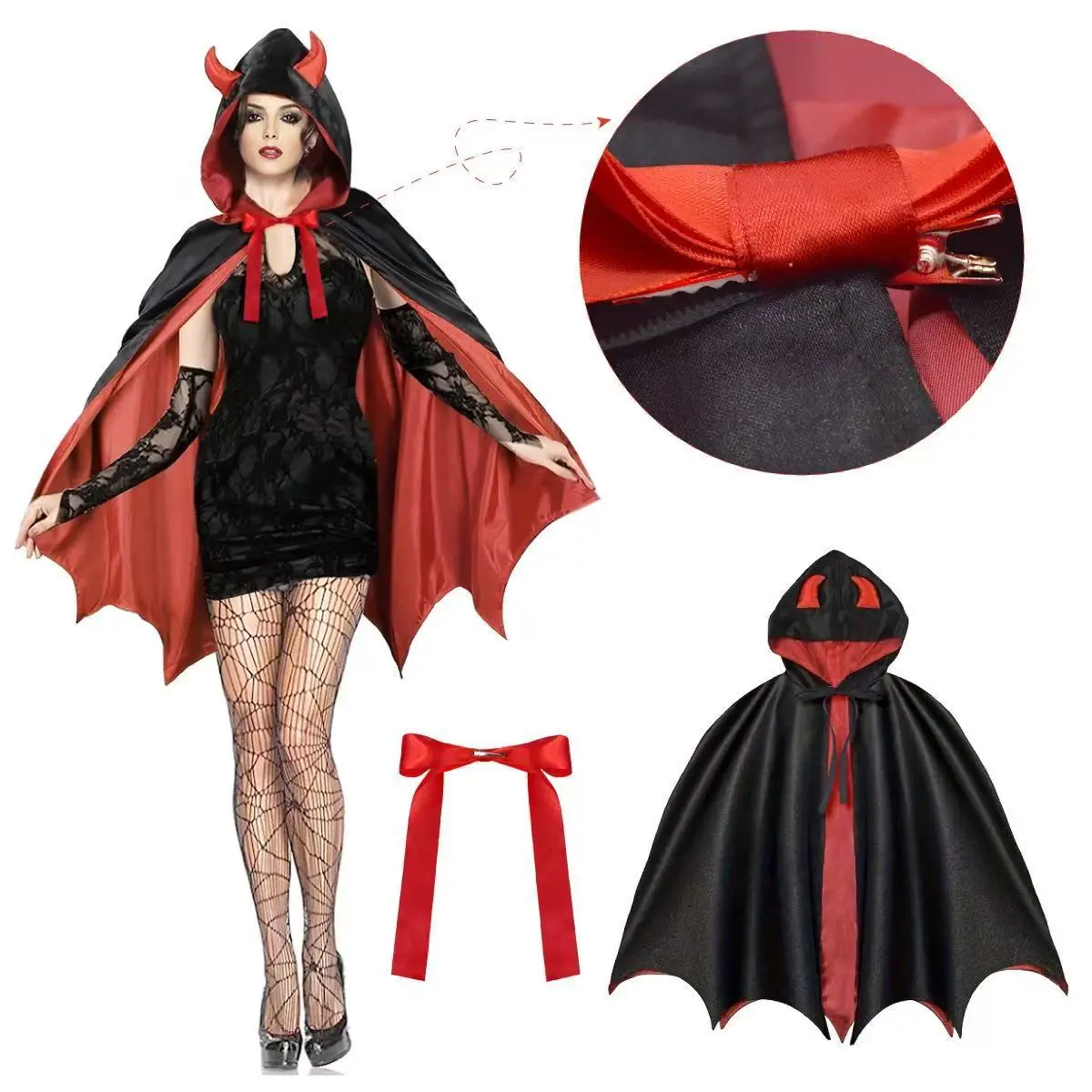 Vampire Cosplayer Bow Halloween Hooded Cloak Washable Gothic Costume Cape Lightweight Polyester Comfortable Fit Witch Cape 1pcs
