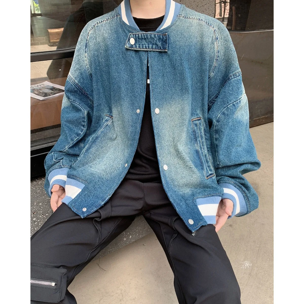 Retro Washed Blue Denim Jacket Men's Street Style Casual Loose Fit Stand Collar Baseball Vest Biker Clothing Outerwear