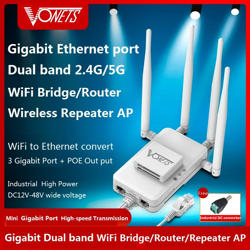 

VONETS Gigabit WiFi Bridge Wireless Router Repeater Dual Band 2.4G/5G High Power POE Power Supply WiFi to Wired 1000M Network po