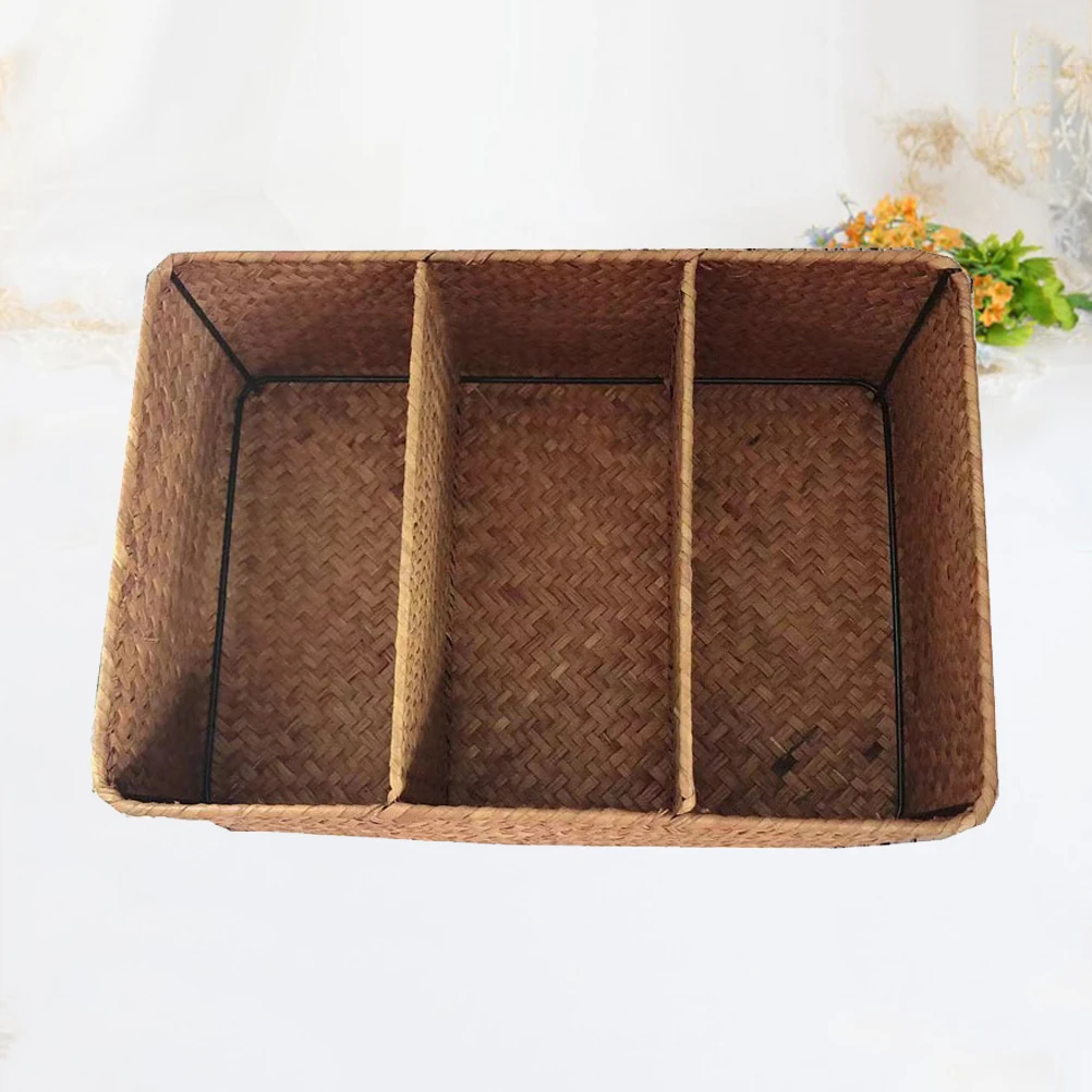 

Storage Basket Desktop Box Sea Grass Three Compartment Woven Organizer Seagrass -compartment